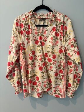 Talbots Cream Floral V-Neck Blouse with Red and Pink Blooms